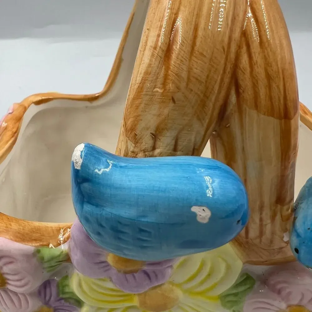 Vintage Glazed Ceramic Decorative Florist Basket Floral Blue Bird Pair